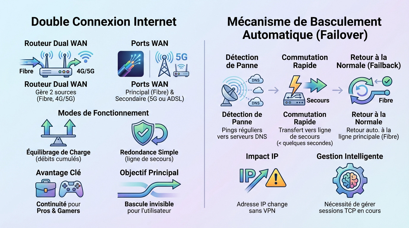 Schéma technique illustrant le basculement automatique entre une connexion fibre et 4G sur un routeur Dual-WAN